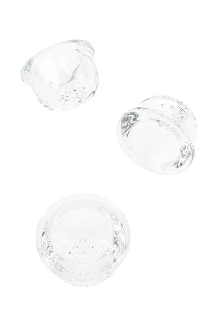 Clear replacement glass screen bowl insert with built-in multi-hole screen, shown from three angles for silicone hand pipes