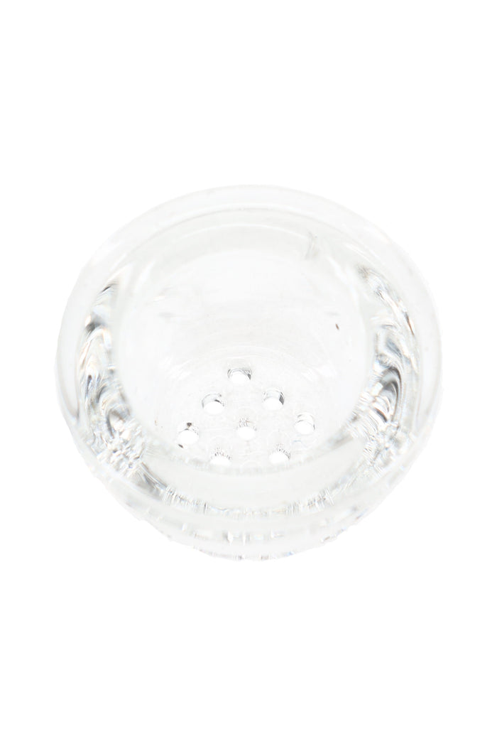 Close-up of clear glass screen bowl insert showing small airflow holes in base, compact replacement piece for silicone pipes