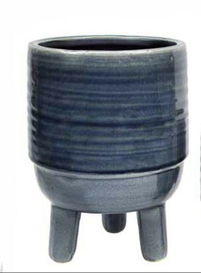 Glazed Ceramic Footed Pots Pot Set of 2 Round Indoor Plant Succulent Smokey Blue