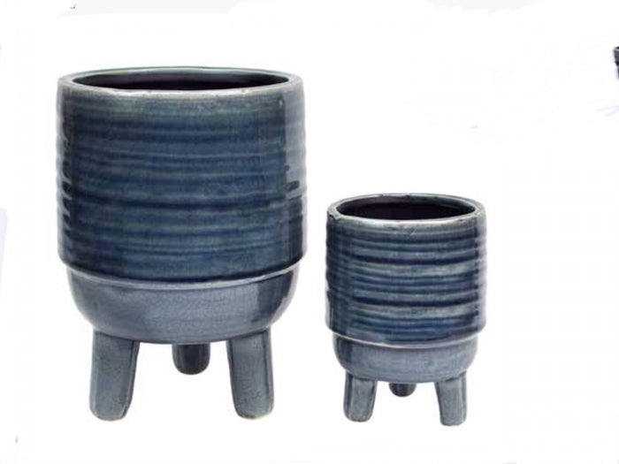 Glazed Ceramic Footed Pots Pot Set of 2 Round Indoor Plant Succulent Smokey Blue