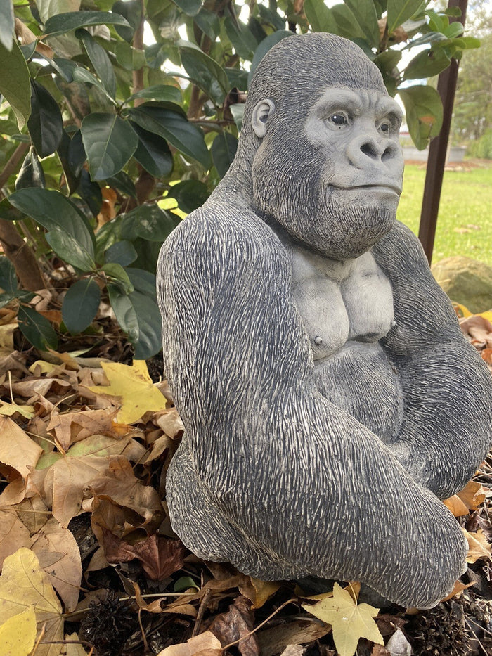22nice4me Garden Statues gorilla concrete ornament with a hand-painted matt finish sitting in a garden setting