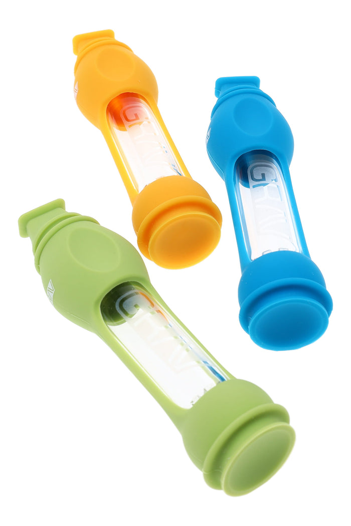 4-inch GRAV 16 mm Octo-Taster one-hitter with removable silicone skin and sealing end cap, pinched mouthpiece, and built-in glass screen, shown in assorted colors.