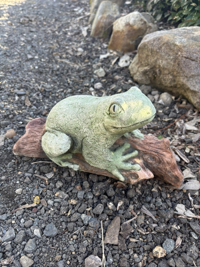 Green Tree Frog On A Log  Animal Concrete Cement Garden Statue Australian Made
