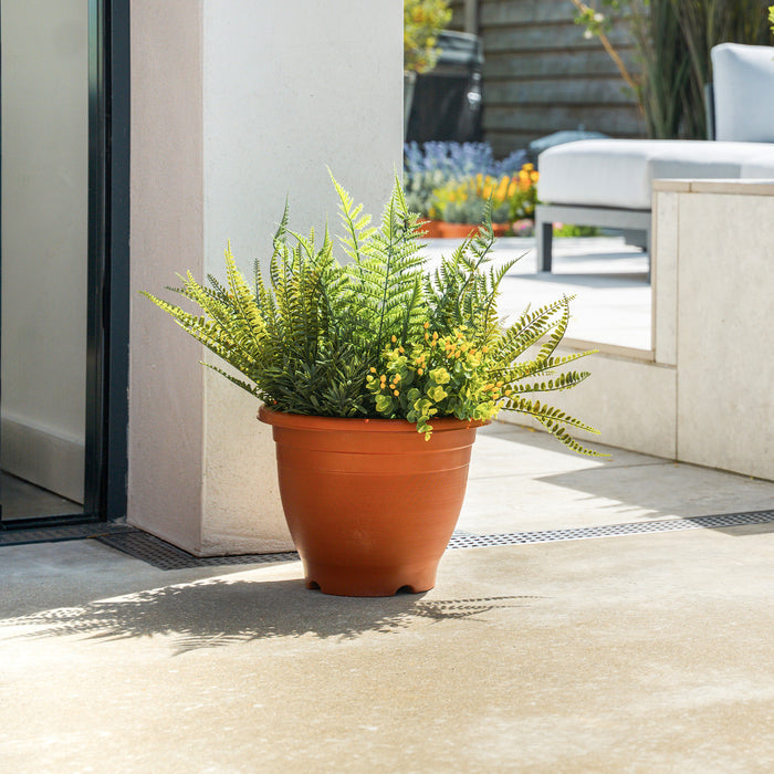 Potted fern on a patio with outdoor furniture in the background