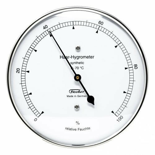 Round analog hygrometer displaying humidity levels, white dial, German made