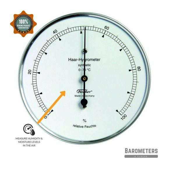 Analog precision hygrometer measuring humidity, round dial, German-made, white background