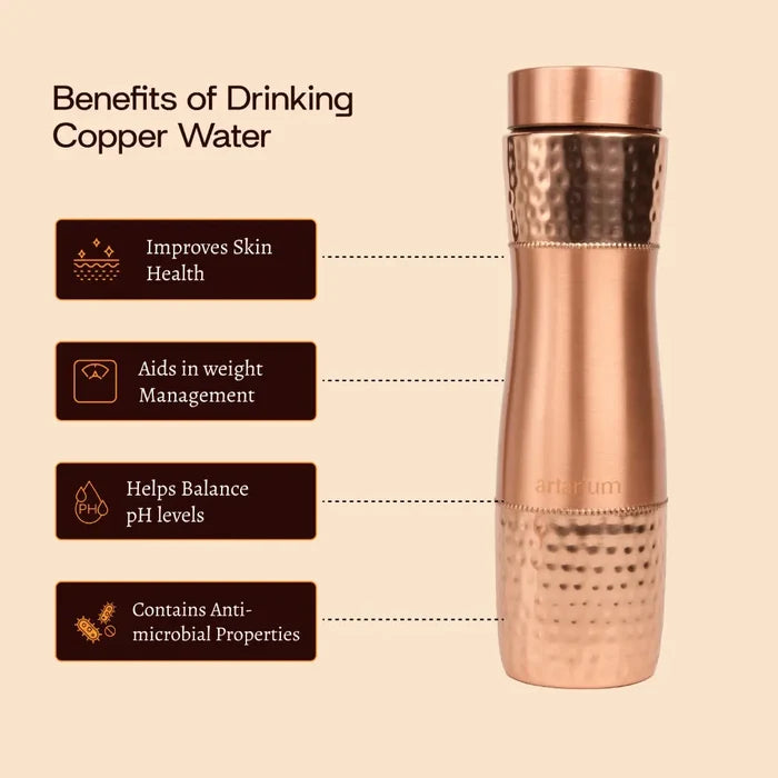 Hammered Copper Bottle with Copper Cap and Straw Set