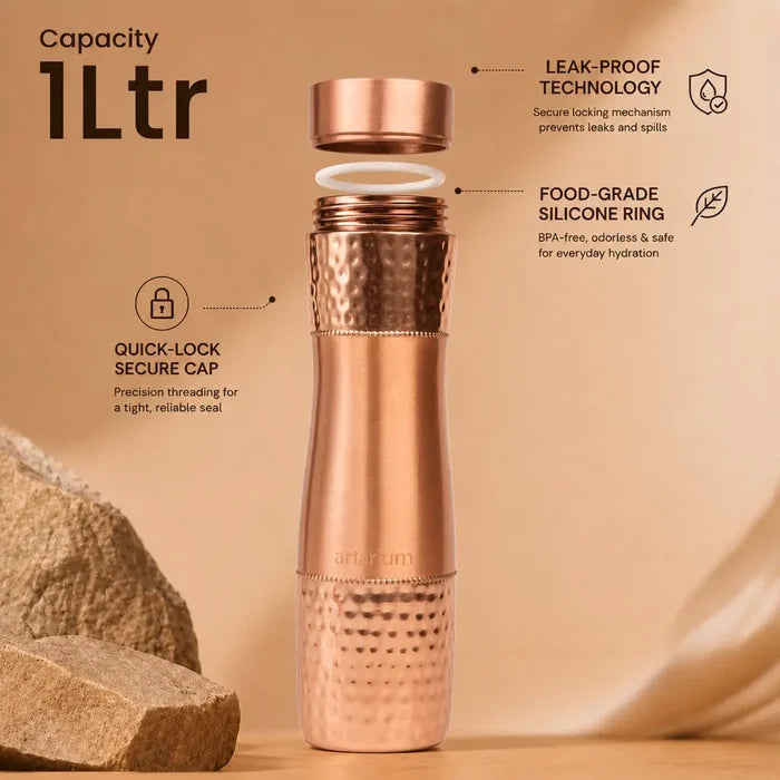 Hammered Copper Bottle with Copper Cap & Glass Set