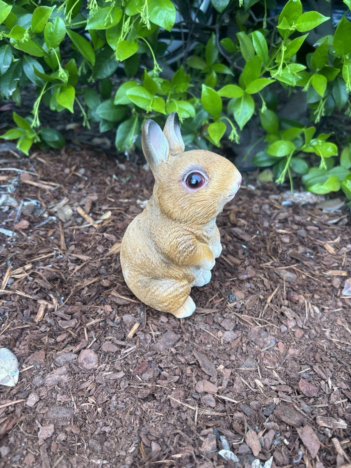 22nice4me Garden Statues hand painted resin rabbit ornament in a natural brown pose standing in a garden bed