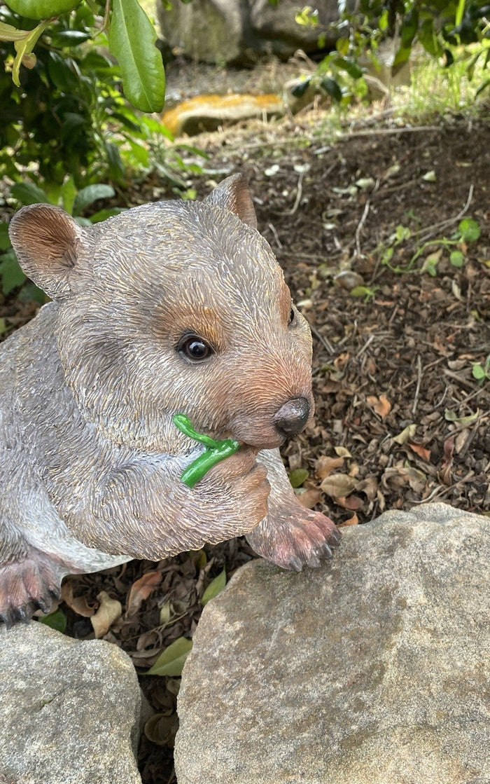 22nice4me Garden Statues hand painted resin wombat ornament eating a leaf in a natural outdoor garden setting