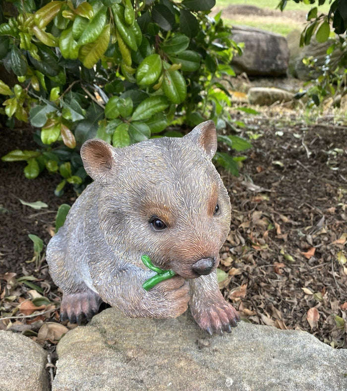 22nice4me Garden Statues hand painted resin wombat ornament eating a green leaf in a natural garden setting