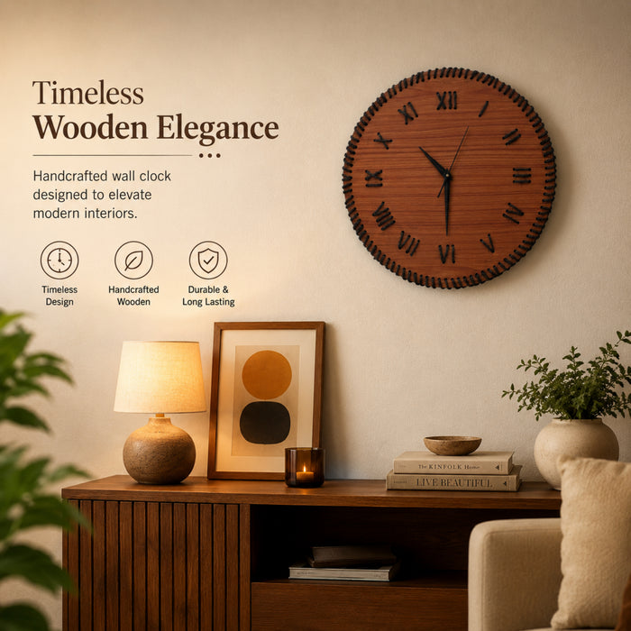 Handcrafted Wooden Wall Clock with Roman Numerals | Rustic Thread Design Wall Clock | Rose Wood Finish by Venlay Wood