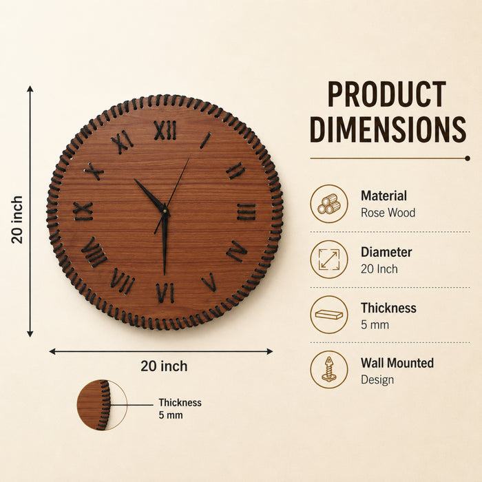 Handcrafted Wooden Wall Clock with Roman Numerals | Rustic Thread Design Wall Clock | Rose Wood Finish by Venlay Wood