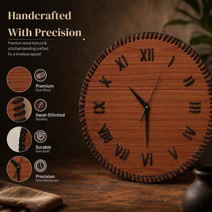 Handcrafted Wooden Wall Clock with Roman Numerals | Rustic Thread Design Wall Clock | Rose Wood Finish by Venlay Wood