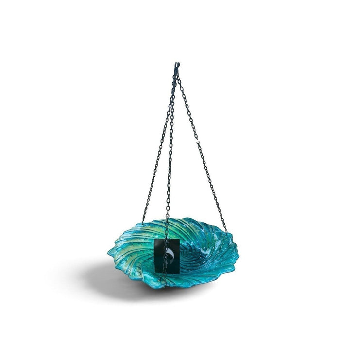 22nice4me Garden Statues hanging glass bird feeder with a blue and green swirled bowl and sturdy metal chain