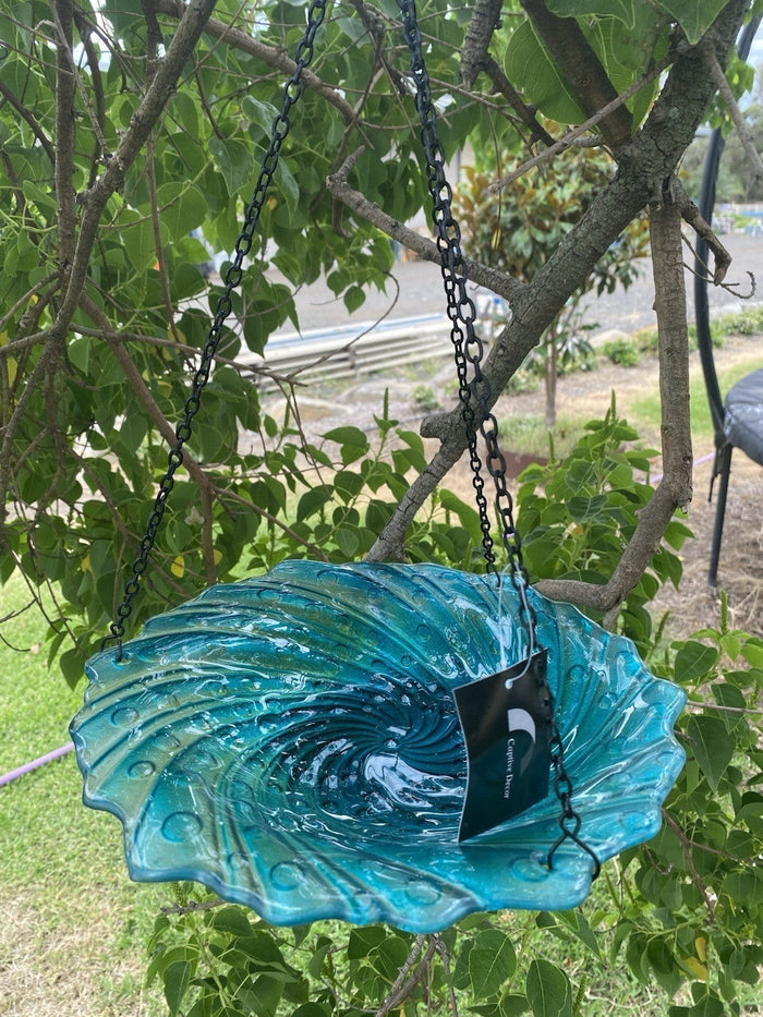 22nice4me Garden Statues hanging glass bird feeder with a blue swirl pattern and black metal chain in a garden tree.