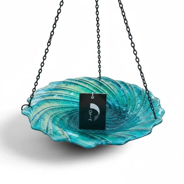 22nice4me Garden Statues hanging glass bird feeder with a blue and green swirl pattern and black metal chain