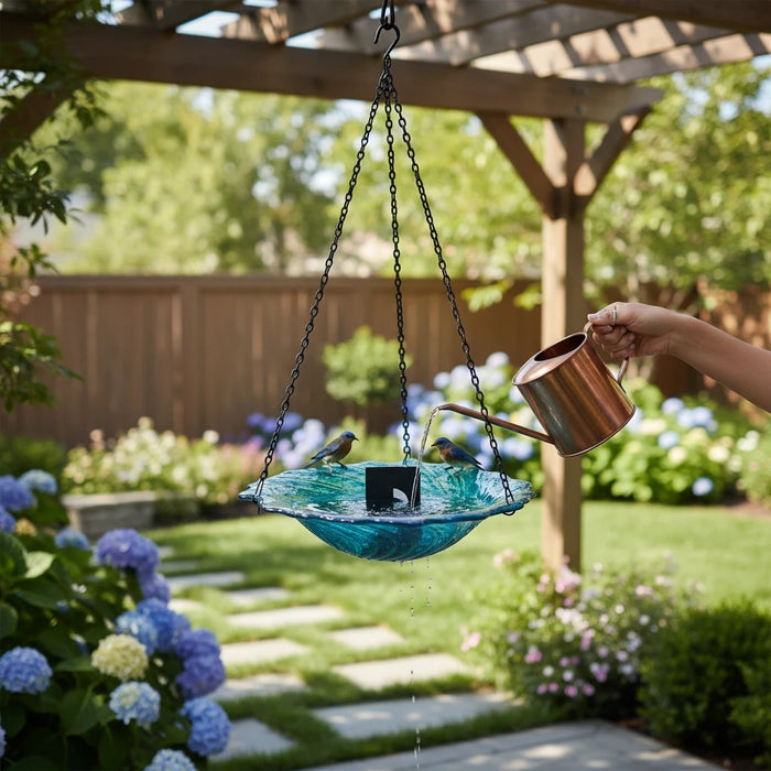 22nice4me Garden Statues hanging blue glass bird feeder being filled with water from a copper watering can in a garden