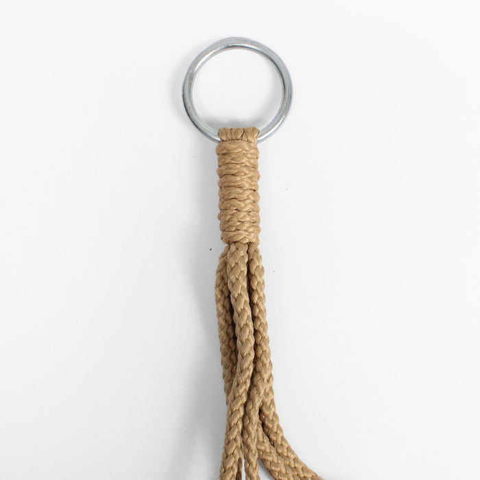 Keychain with braided brown cord and metal ring on a white background