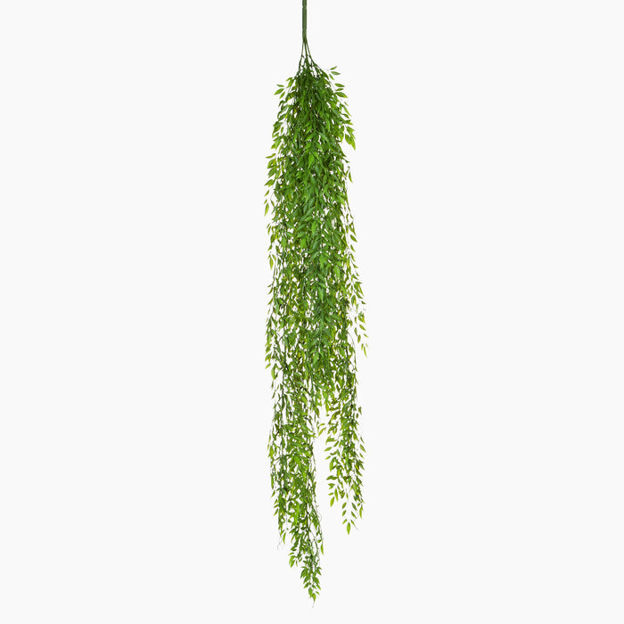 A long, cascading artificial green leafy plant on a spike with dense foliage, shown hanging straight against a plain white background.