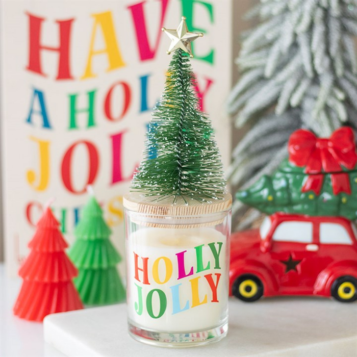 Holly Jolly Pine & Fir Glass Candle with Tree