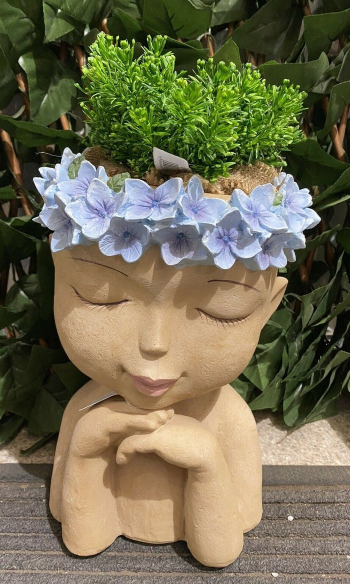 Hydrangea Girl Head Planter Pot for Succulents Cactus Indoor Plants Eyes Closed
