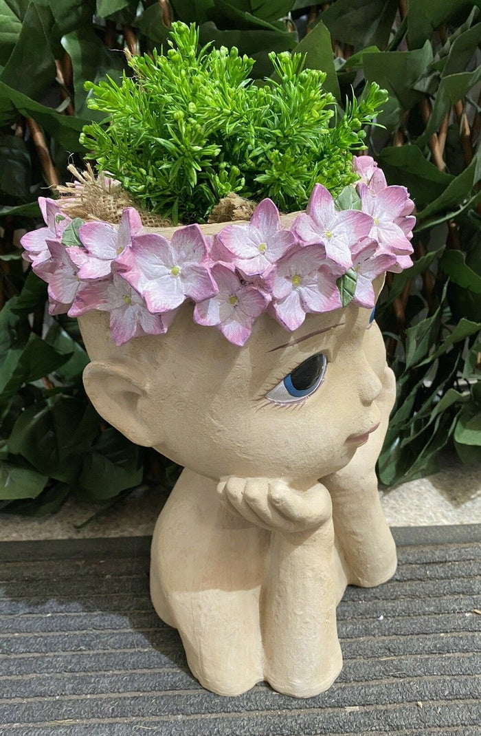 Hydrangea Girl Head Planter Pot for Succulents Cactus Indoor Plants Eyes Open