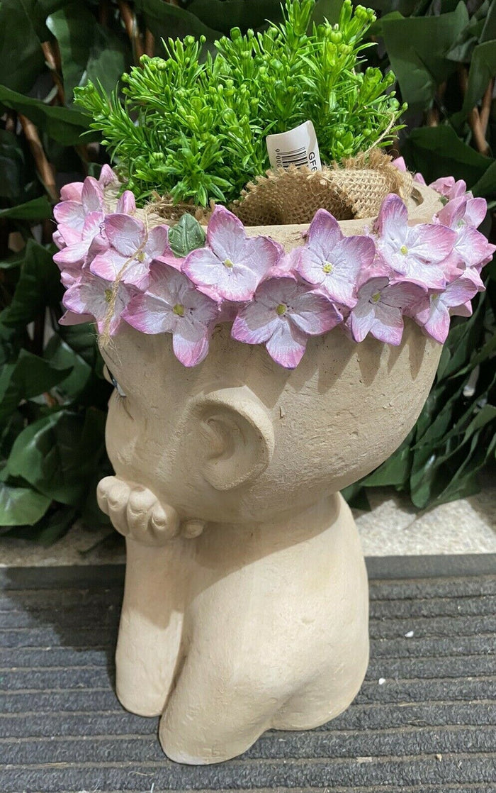 Hydrangea Girl Head Planter Pot for Succulents Cactus Indoor Plants Eyes Open