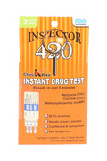 Inspector 420 3-panel urine drug test kit package, screens for THC, COC and mAMP with five-minute results; FDA-cleared at-home screening.