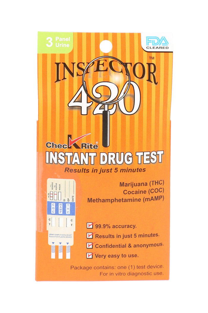 Inspector 420 3-panel urine drug test kit package, screens for THC, COC and mAMP with five-minute results; FDA-cleared at-home screening.