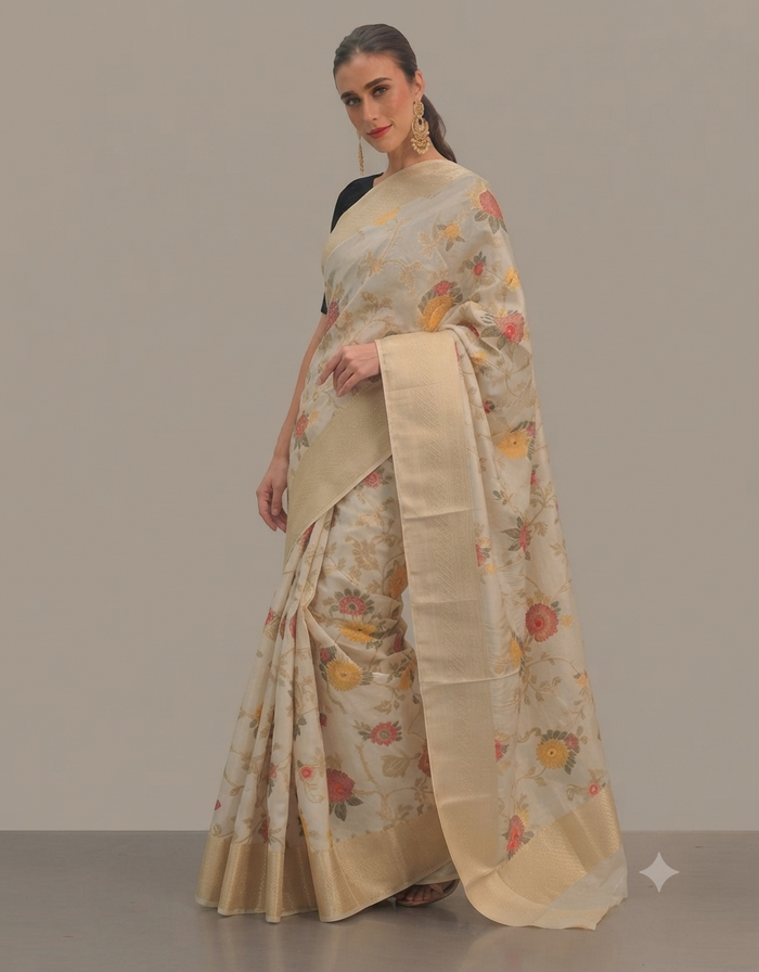 Ivory Floral  Silk Saree