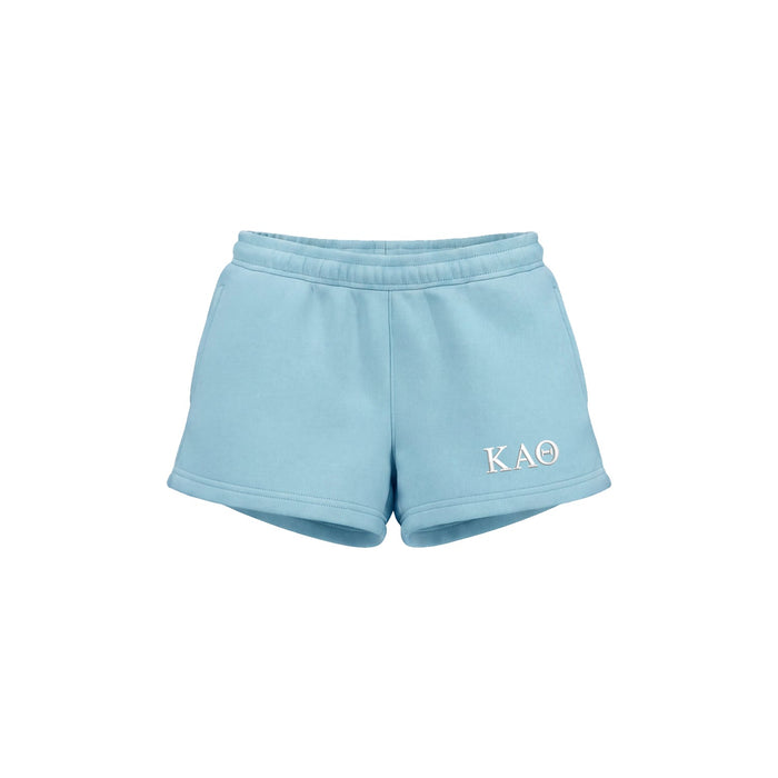 Sky blue Kappa Alpha Theta fleece shorts with white embroidered Greek letters