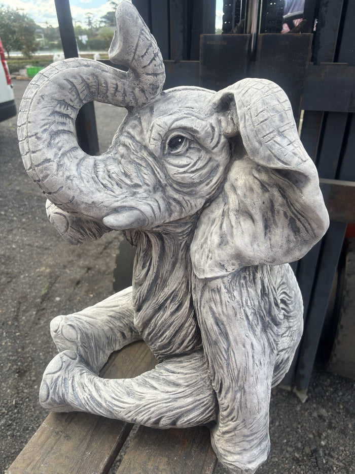 22nice4me Garden Statues large grey concrete elephant ornament with trunk raised for good luck in outdoor gardens