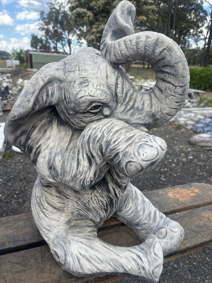 22nice4me Garden Statues large grey concrete sitting elephant ornament with trunk raised for good luck