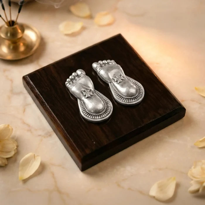 Laxmi Charan Paduka with Wooden Base 999 Silver Artarium