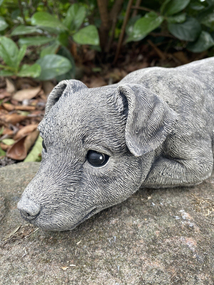 Concrete fox terrier garden statue detail view outdoor cement dog ornament