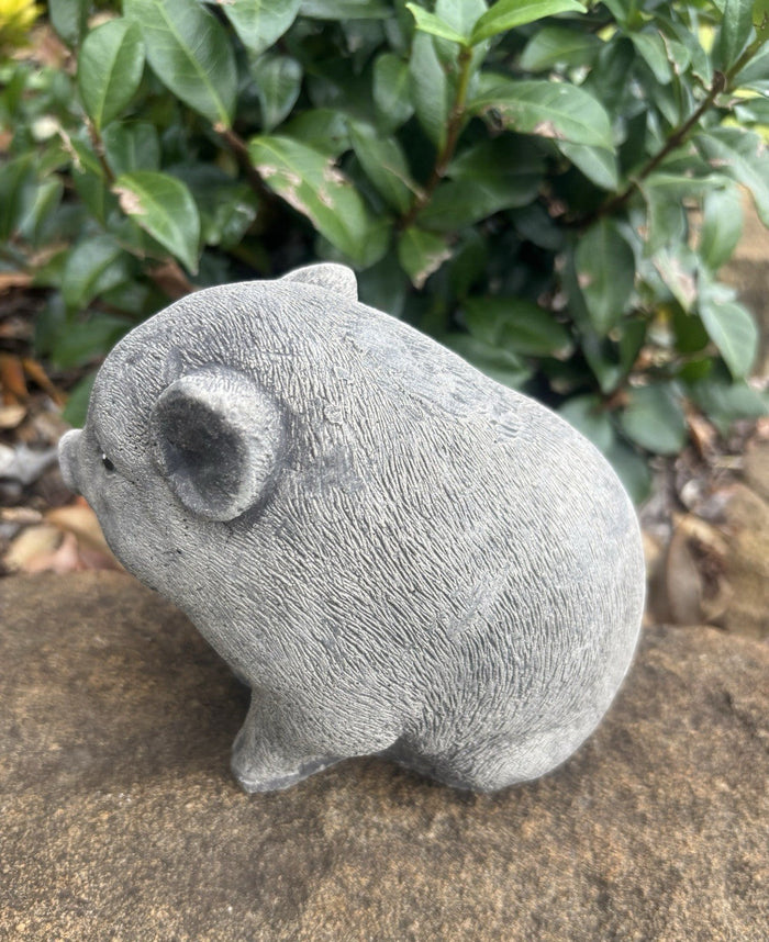 22nice4me Garden Statues grey concrete piglet ornament with textured finish sitting on a stone surface