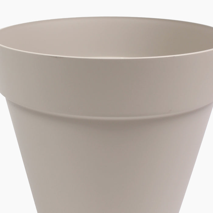 A close-up of a matte grey plastic planter pot showing the rim and side profile against a white background.
