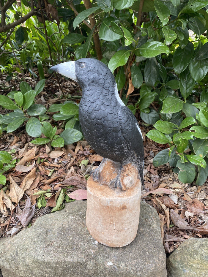Magpie on Stump Bird Statue Ornament Animal Concrete Garden Australian Made Blk
