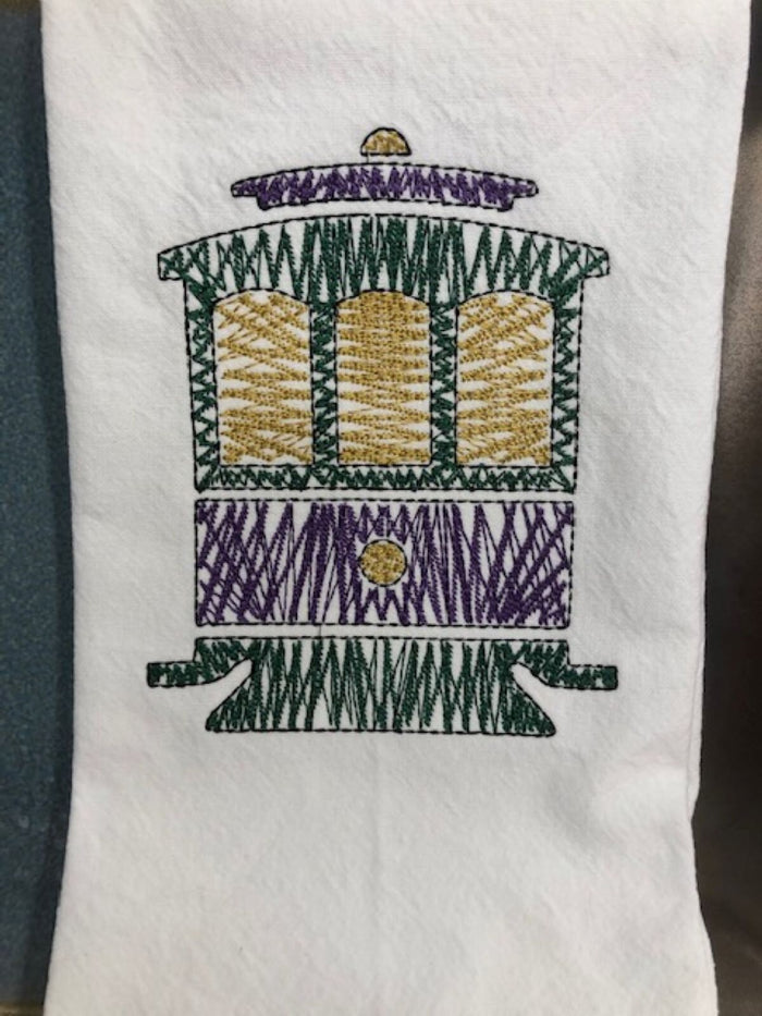Mardi Gras New Orleans Streetcar Kitchen Tea Towel, Mardi Gras tea towel, embroidered