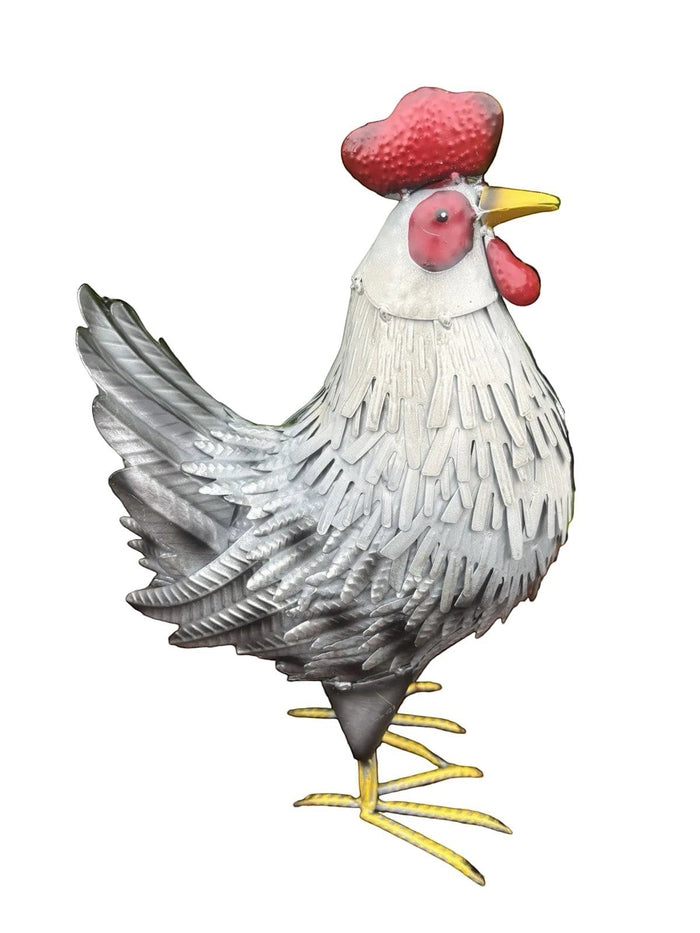 22nice4me Garden Statues metal rooster garden ornament with hand-painted red comb and grey textured feathers