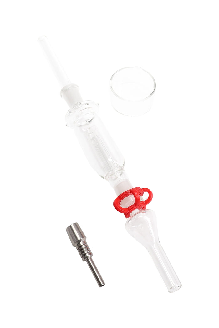 Mini 10 mm glass dab straw kit with 10 mm tip, red keck clip and glass wax dish; compact 7½″ setup for concentrates.