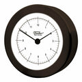 Round wall clock with black frame and white dial, German made, displaying time.