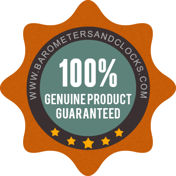 100% genuine product guarantee badge for barometers and clocks, star icons, website URL