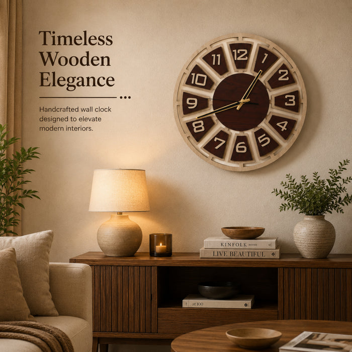 Modern Wooden Wall Clock for Living Room | Large Decorative Wall Clock with Numeric Design | Rose Wood & Rubber Wood Finish by Venlay Wood