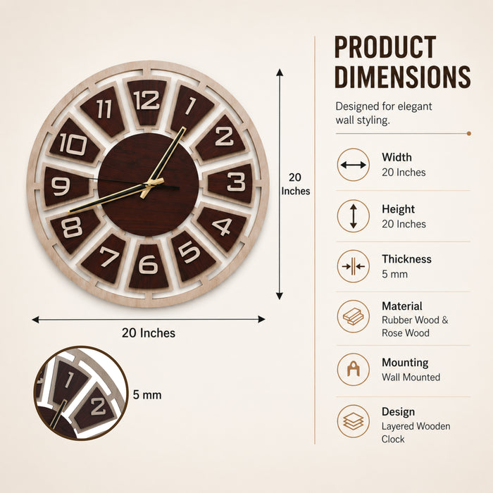 Modern Wooden Wall Clock for Living Room | Large Decorative Wall Clock with Numeric Design | Rose Wood & Rubber Wood Finish by Venlay Wood