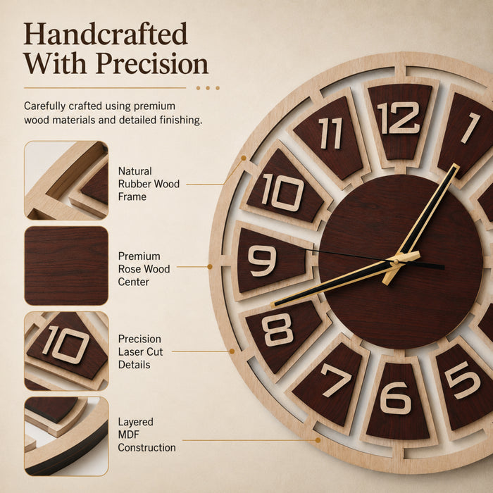Modern Wooden Wall Clock for Living Room | Large Decorative Wall Clock with Numeric Design | Rose Wood & Rubber Wood Finish by Venlay Wood