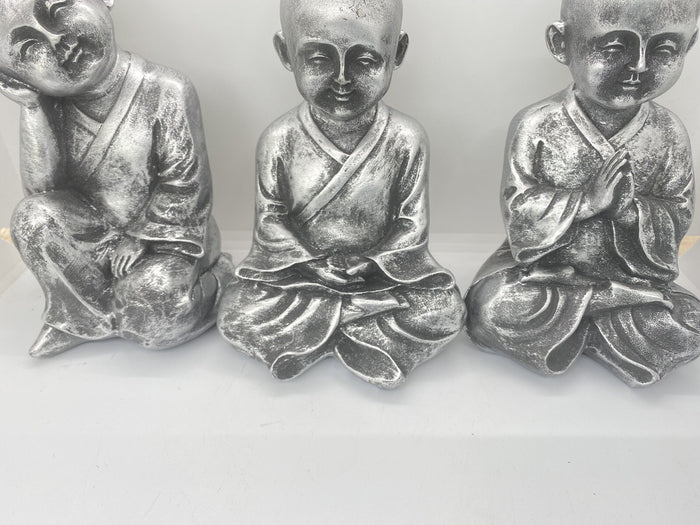Monk Buddha Statue Sitting Ornaments Figurine Silver 18 cm high Set of 3