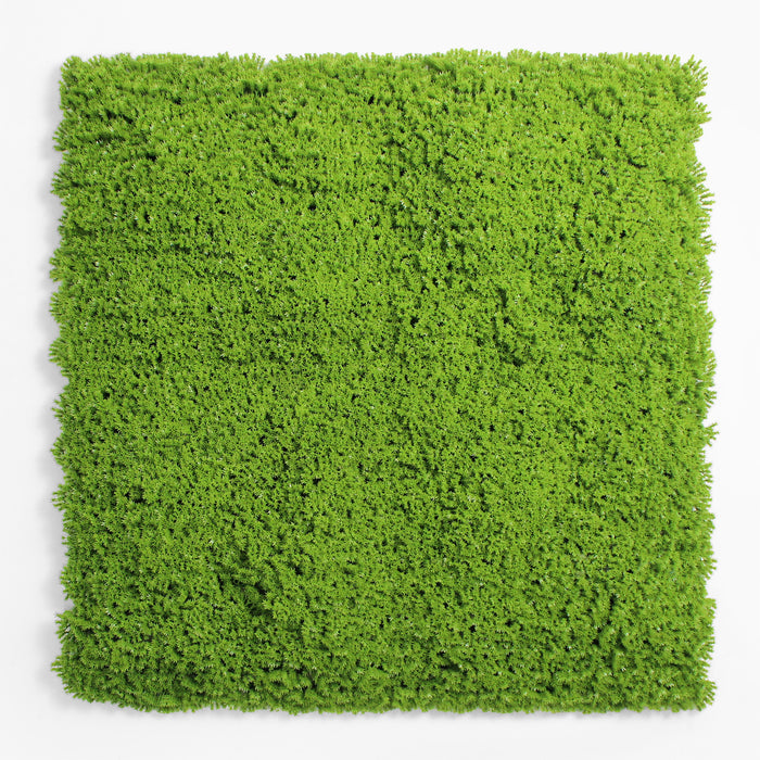 Square piece of green artificial grass on a white background