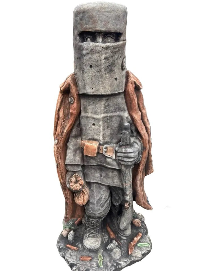 22nice4me Garden Statues concrete Ned Kelly figure in grey and brown, featuring iconic armour and a long coat.